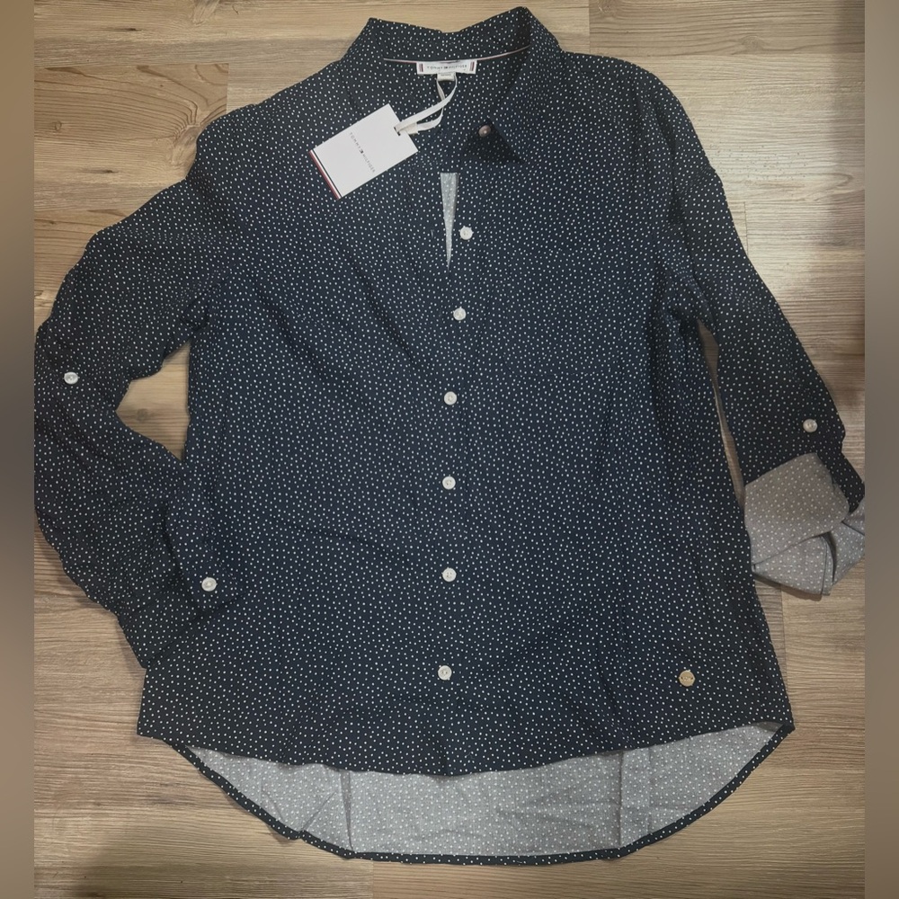 Tommy Hilfiger Navy Polka Dot Button-Up Shirt high low NWT